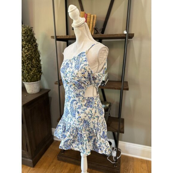 Milly Brinlee Paisley Asymmetric Side Cut Out Mini Dress Blue Womens Size 8 - Picture 8 of 12